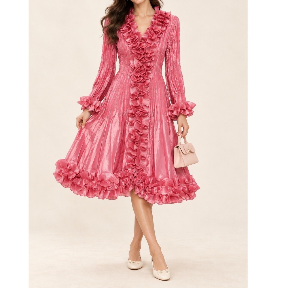 Jerry T Pink Pleated Ruffle Midi Dress Long Sleeve Metallic Maximalist d5